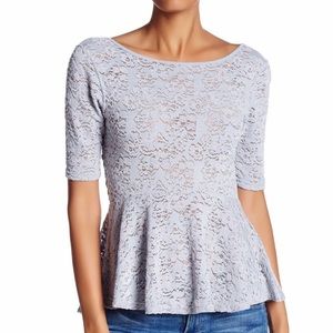 Free People Second Chance Scoop Back Stretch Lace Peplum Blouse Gray Size Medium